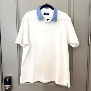 Charles Tyrwhitt Polo Shirt Mens XL White Blue Chambray Collar Cotton Preppy